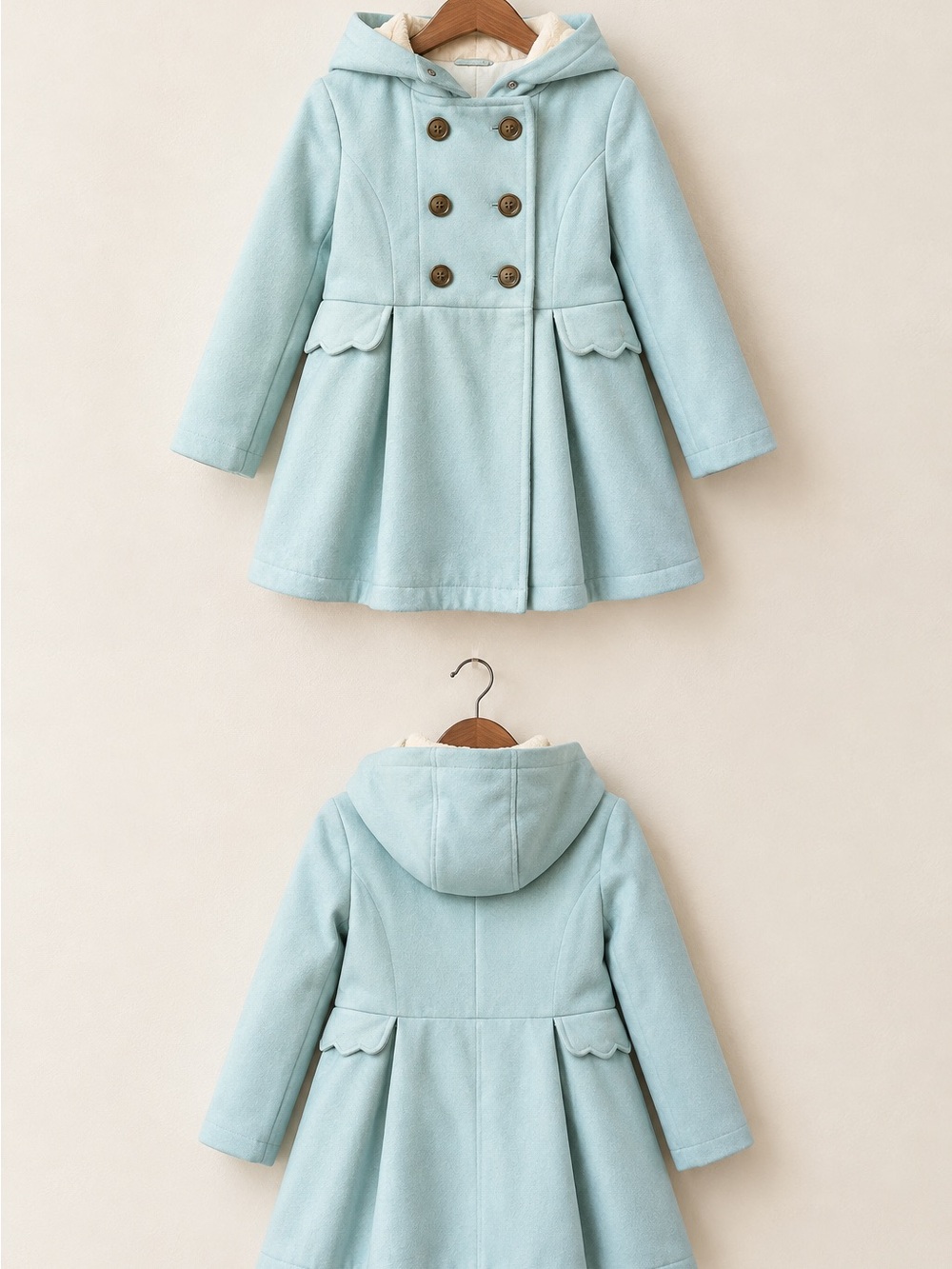 Girls' Light Blue Hooded Double-Breasted Coat